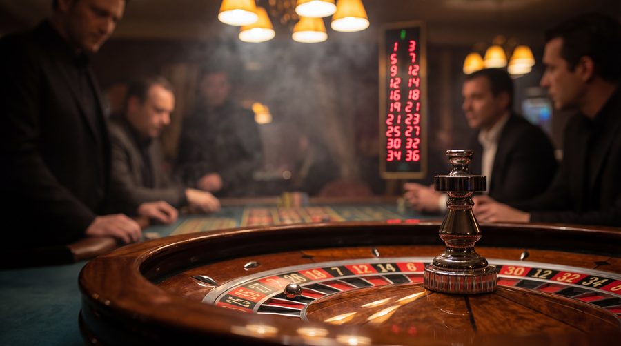 Dramatic roulette wheel in a casino with moody lighting