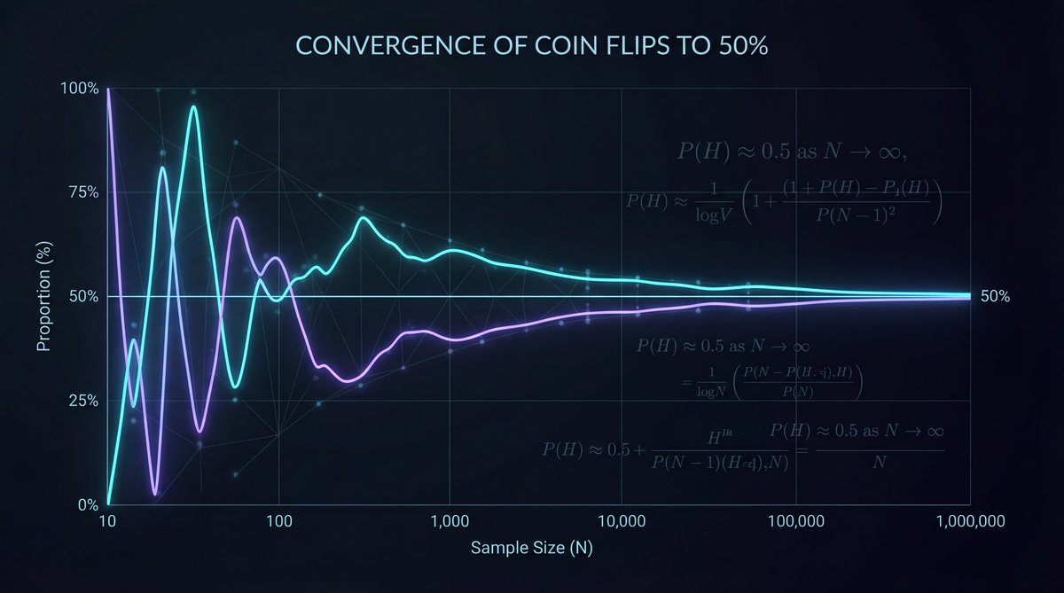 Thousands of glowing data points converging toward 50% on a dark background