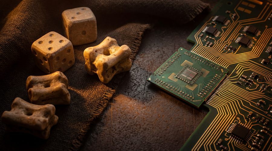 Ancient stone dice alongside a modern silicon chip and circuit board